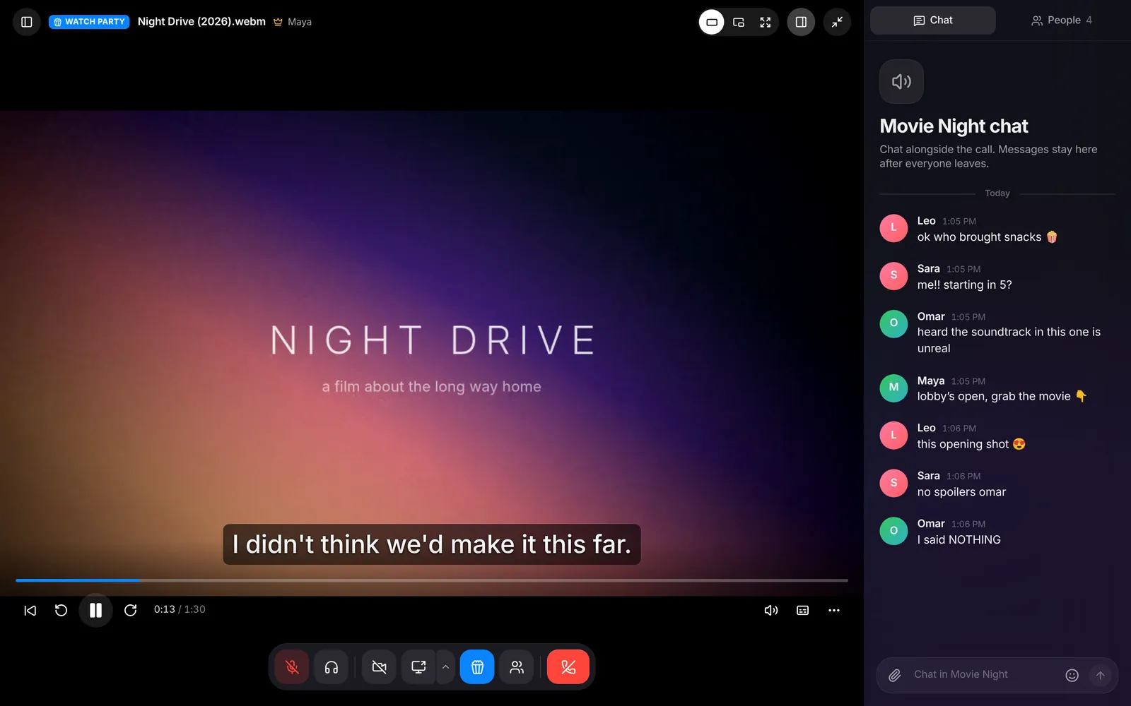 A watch party in Infimeety: the movie with subtitles, and the chat beside it